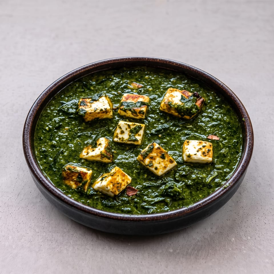 A dark bowl filled with vibrant green palak paneer, featuring golden-brown paneer cubes.