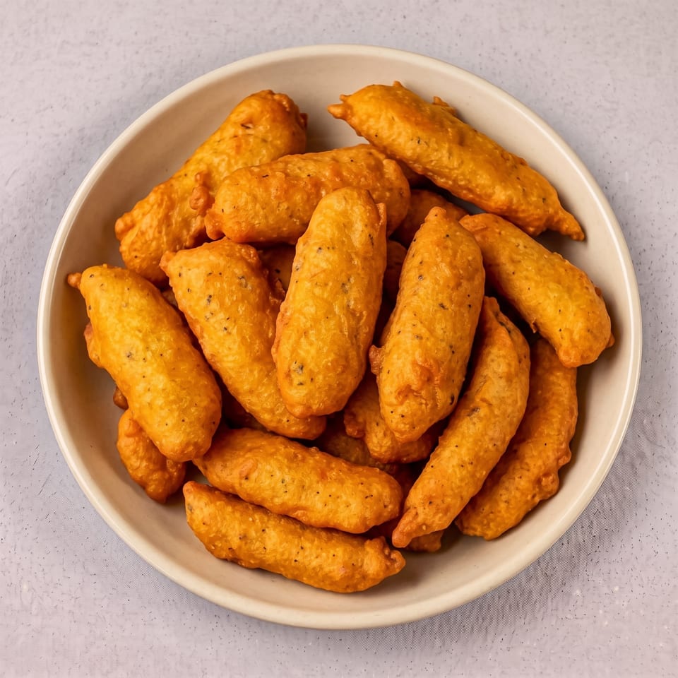 A white bowl filled with golden-brown, crispy fried banana fritters on a light gray surface.