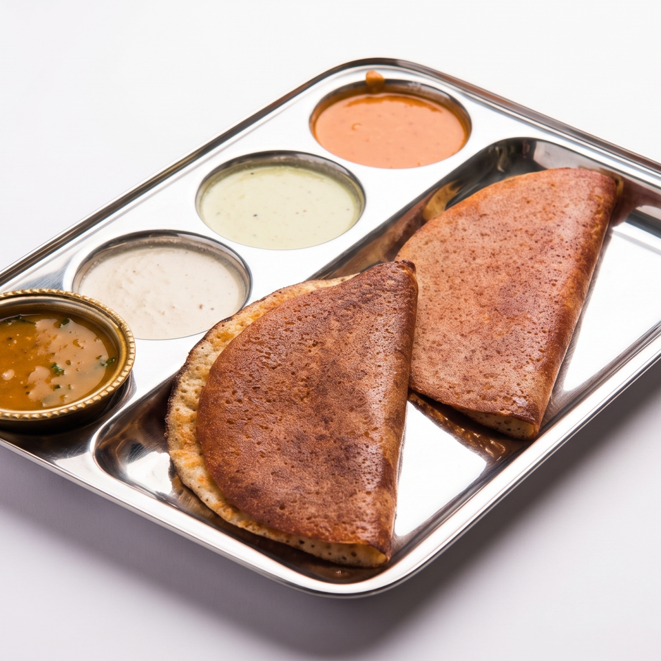 Two folded dosas on a steel thali with three chutneys and sambar.