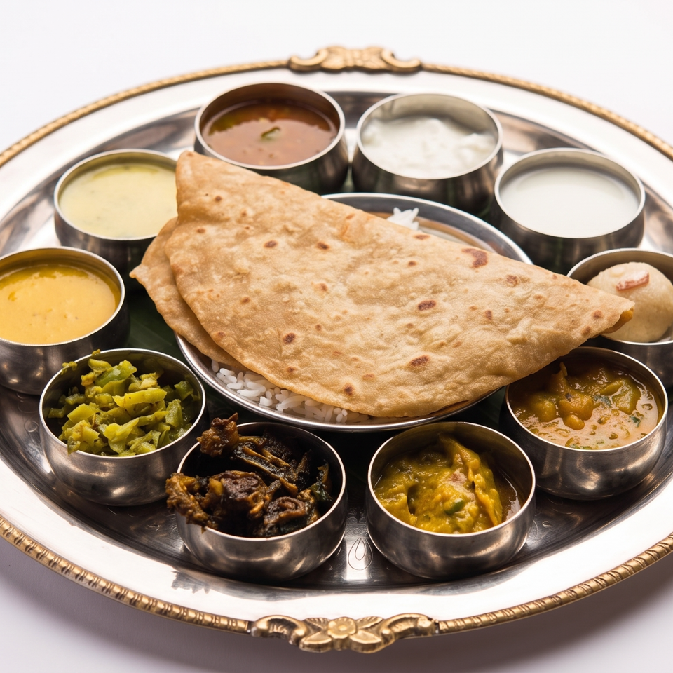 A traditional Indian thali meal with various curries, flatbread, rice, and desserts on a silver platter.