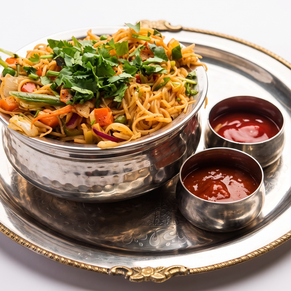 Vegetable Hakka Noodles in a silver bowl with two small bowls of sauce on a silver tray.