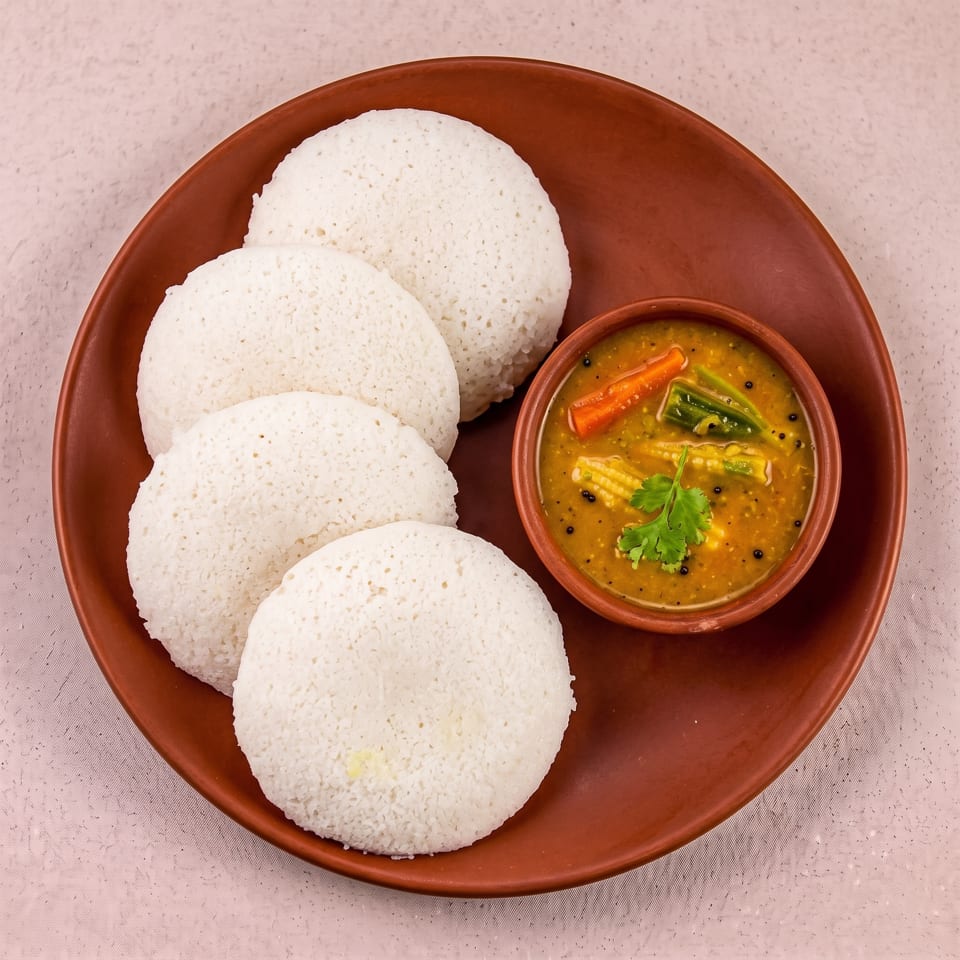 Four white idlis and a bowl of sambar with vegetables on a brown plate.