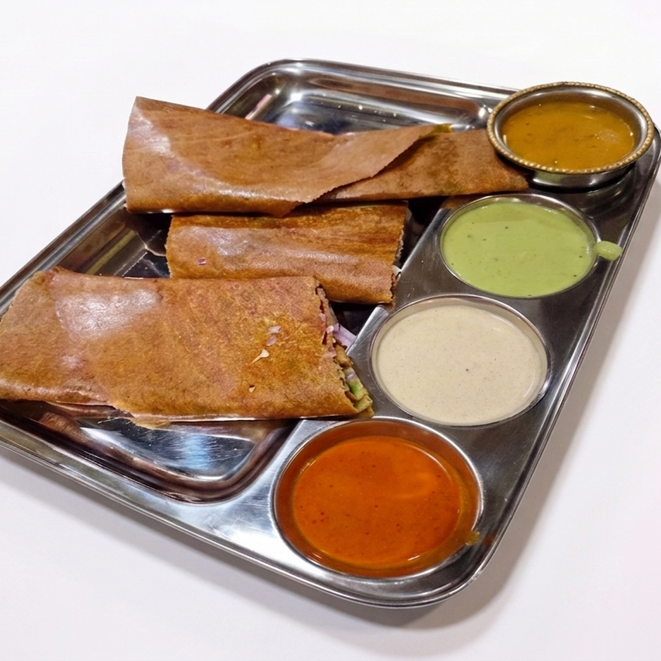 Three brown dosas and four small bowls of colorful sauces on a metal tray.