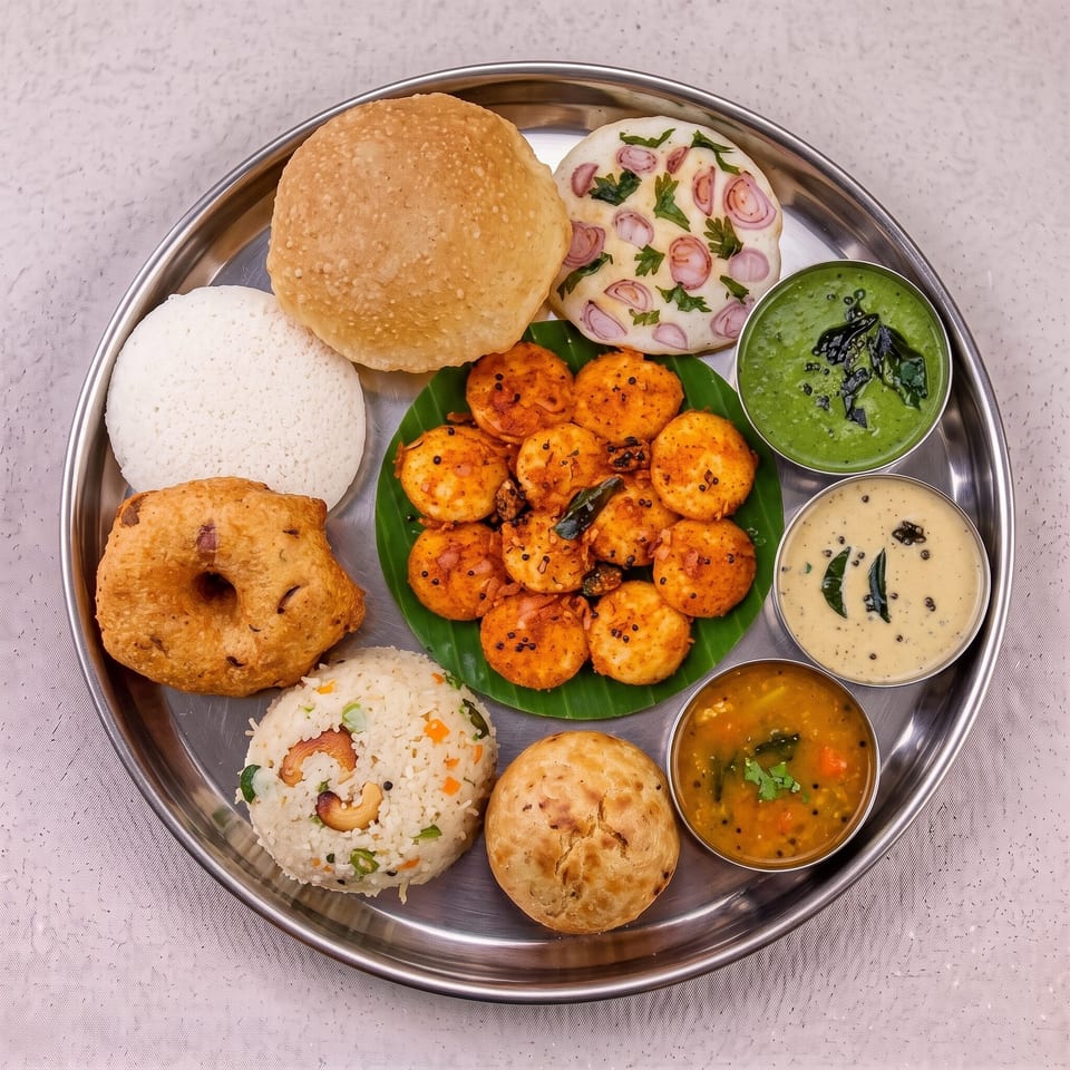 A thali with various South Indian dishes, including idli, vada, puri, upma, and chutneys.