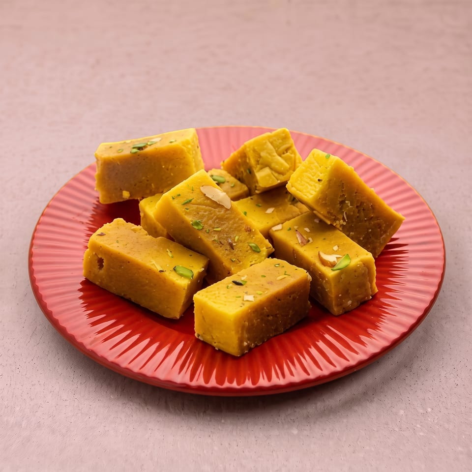 Yellow Indian sweet squares, garnished with nuts, arranged on a vibrant red plate.