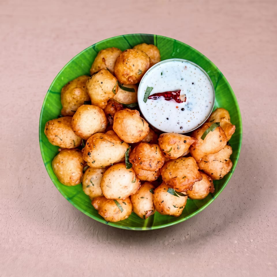 Golden-brown Indian bonda fritters with green curry leaves, served in a green bowl with white coconut chutney.