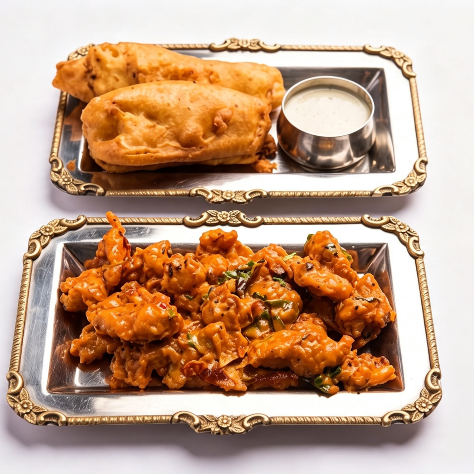 Two silver trays of Indian appetizers: fried pakora and bread pakora with a dipping sauce.