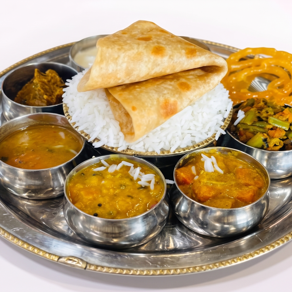 A traditional Indian thali with rice, flatbread, various curries, and a sweet dessert.