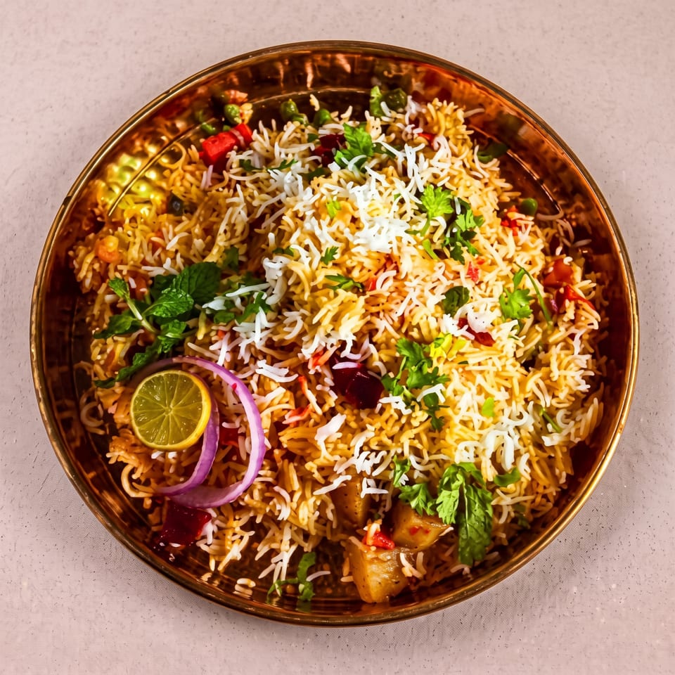 A golden plate filled with vegetable biryani, garnished with fresh herbs, red onions, and a lemon slice.