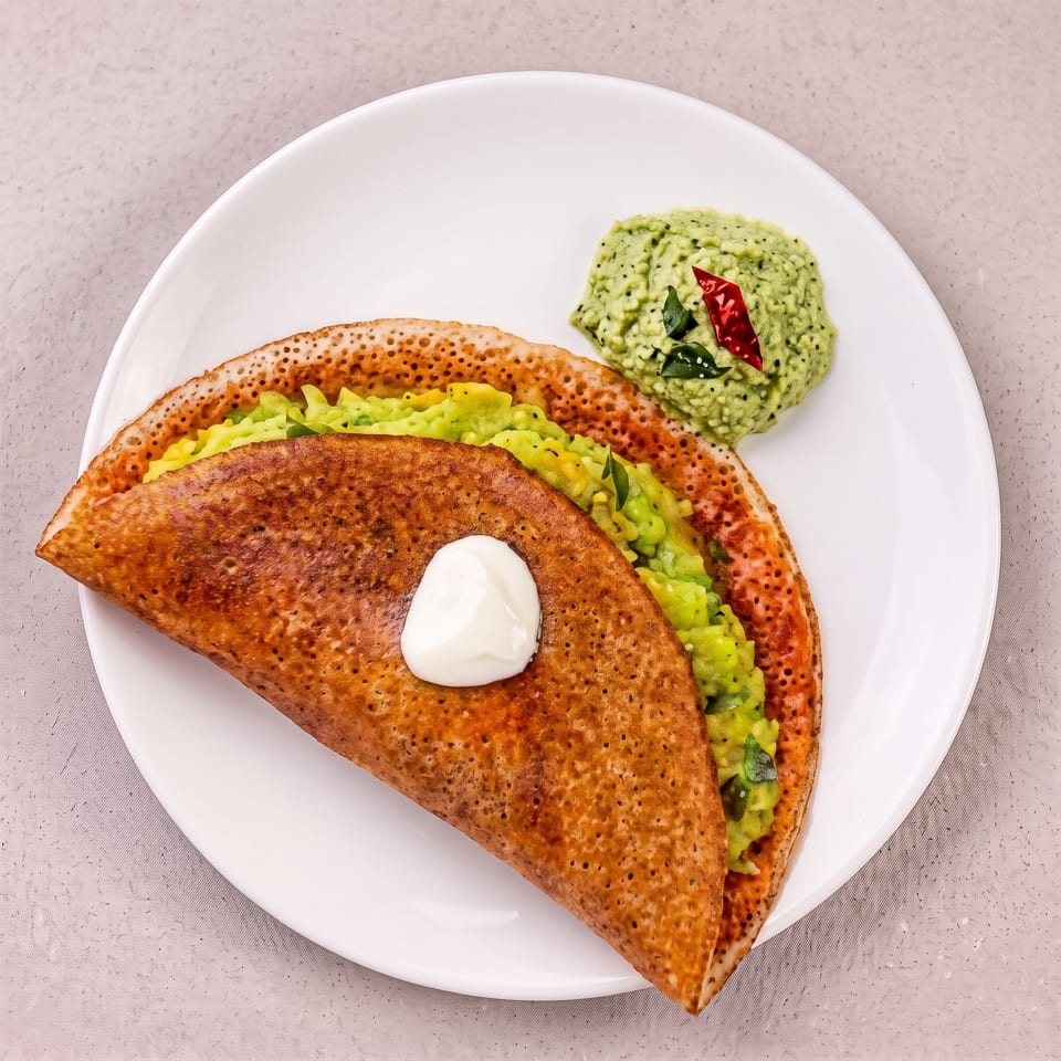 Savory dosa filled with green chutney and topped with a dollop of cream, served with more chutney.