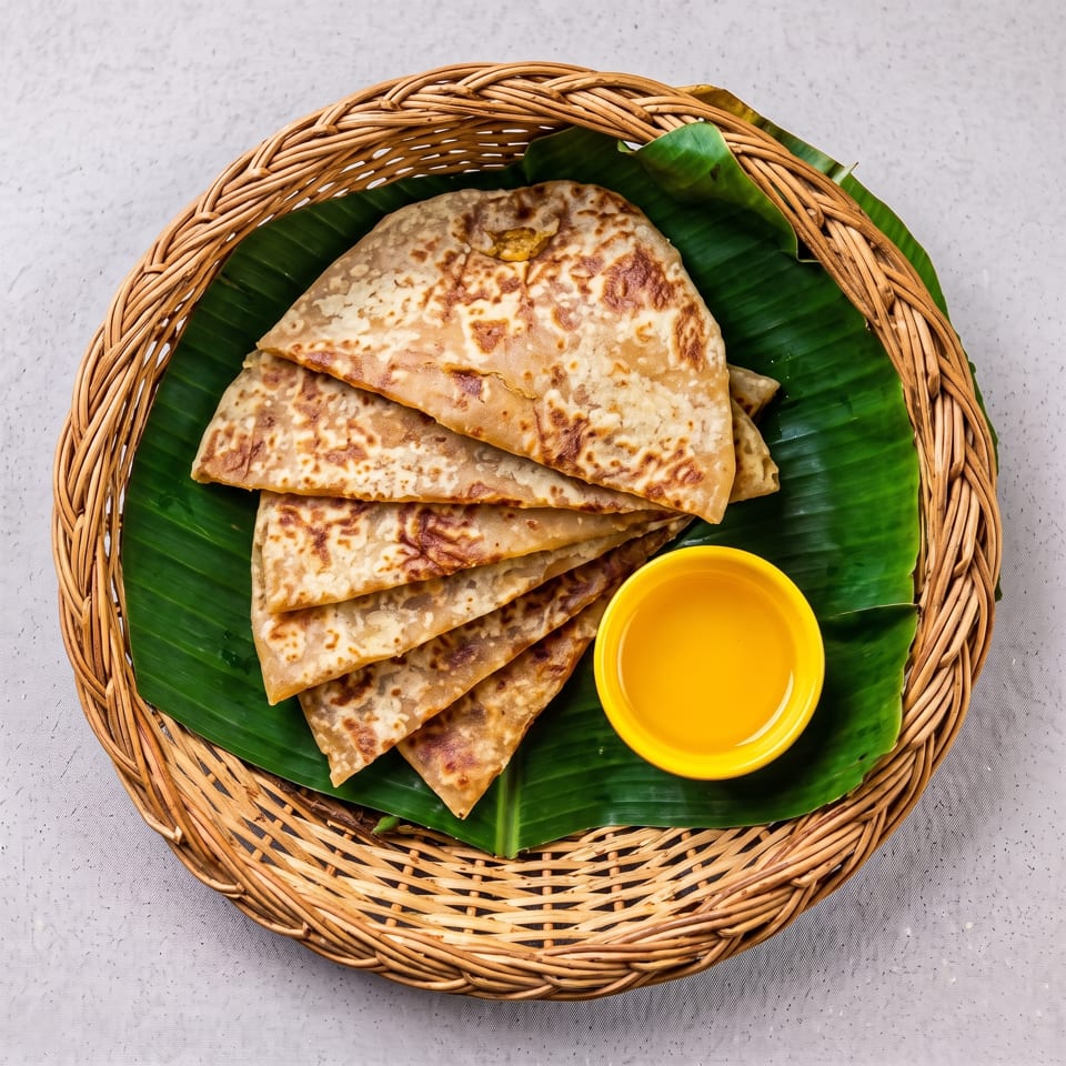 Folded flatbreads on banana leaves in a woven basket, with a small yellow bowl of honey.