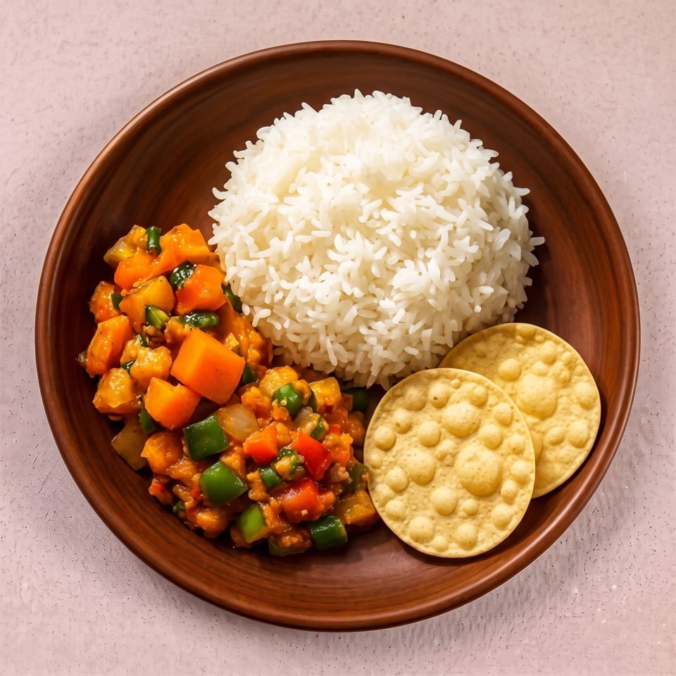 A brown plate holds white rice, vegetable curry with bell peppers, and two round papadums.