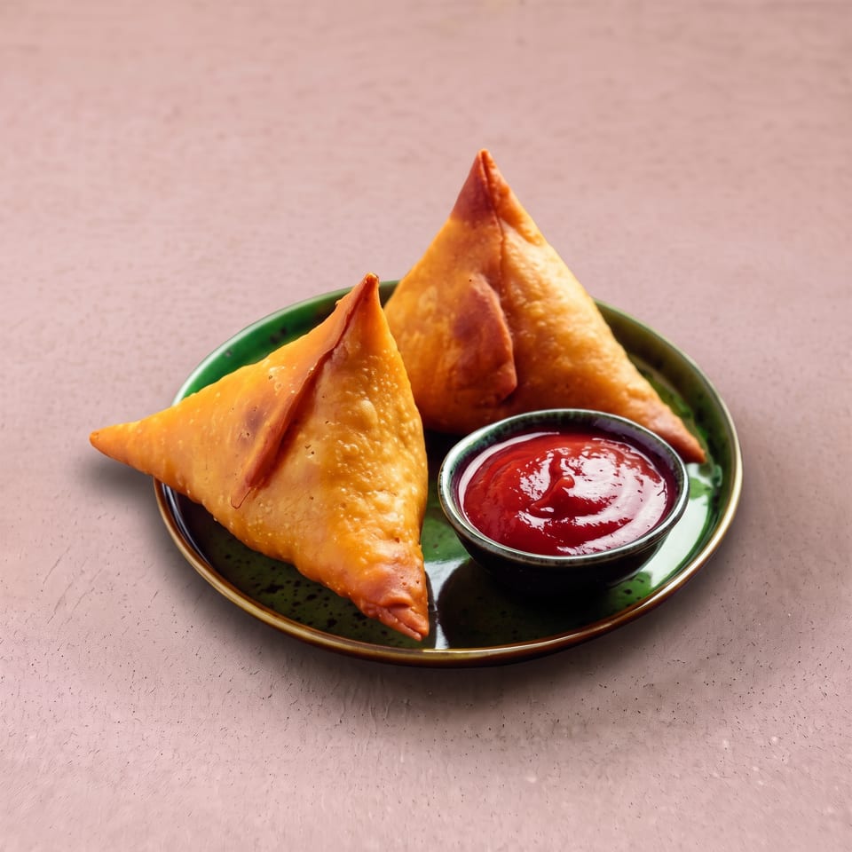 Two golden-brown samosas and a small bowl of red dipping sauce on a green plate.